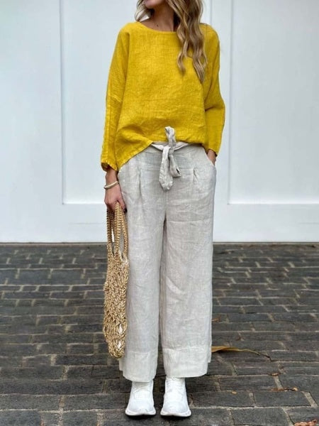 Levoire | Ensemble haut confortable et pantalons -série Jaune Blanc