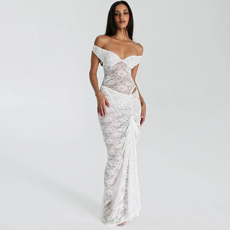 Levoire | Robe de soirée de luxe pour dames en dentelle fine avec décolleté épaules nues Blanc