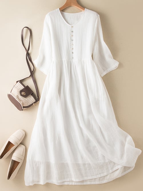 Levoire | Robe rétro littéraire pour femme, décolleté en V, unie, manches moyennes Blanc