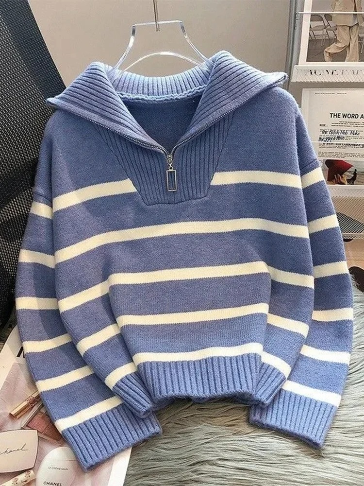 Levoire | Pull à zip pour femmes, Design rayé Bleu-bleu