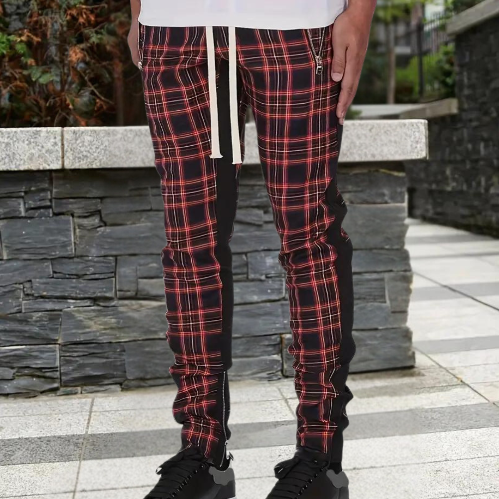 Levoire | Hommes Pantalon Carreaux Décontracté Confortable Avec Poches Zippées Pour Hommes Noir Rouge