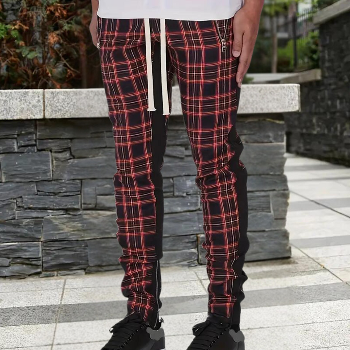 Levoire | Hommes Pantalon Carreaux Décontracté Confortable Avec Poches Zippées Pour Hommes Noir Rouge