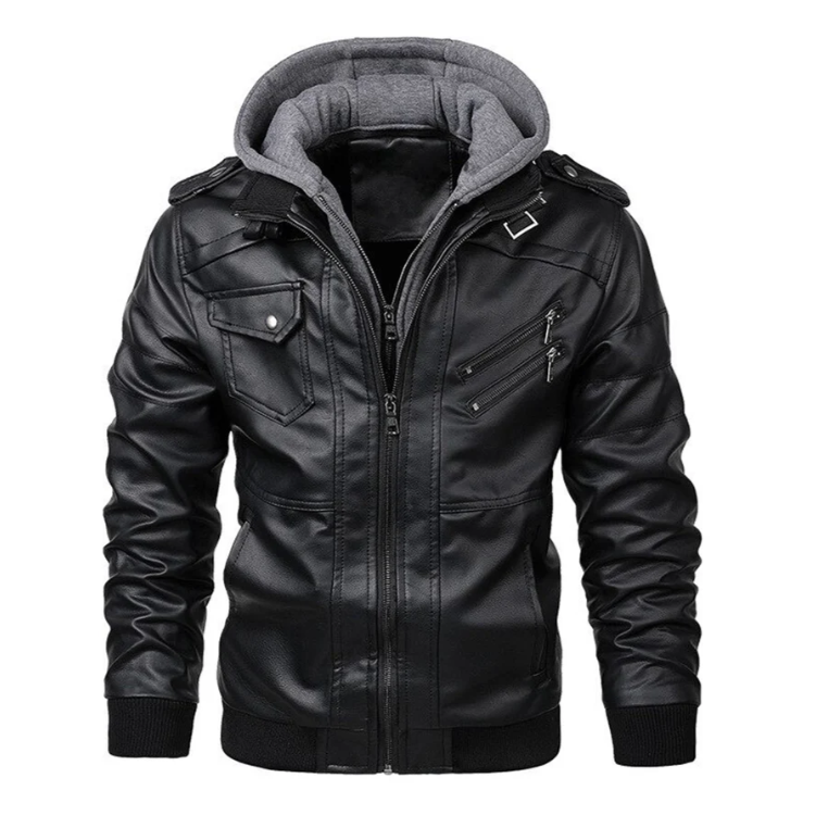 Levoire | Veste En Cuir Avec Capuche Pour Hommes Noir