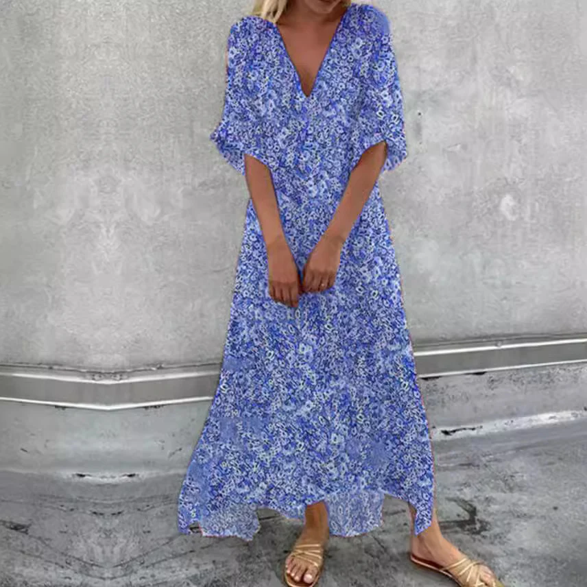 Levoire | Cotton V-Neck Half Sleeve Loose Dress with V-Neck Bleu Azur