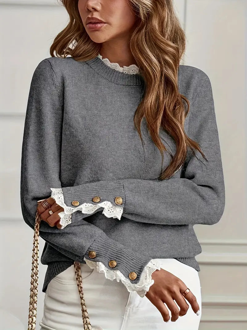 Levoire | Pull Femme Avec Encolure Ronde Et Joli Design De Manches Et Col Gris Foncé