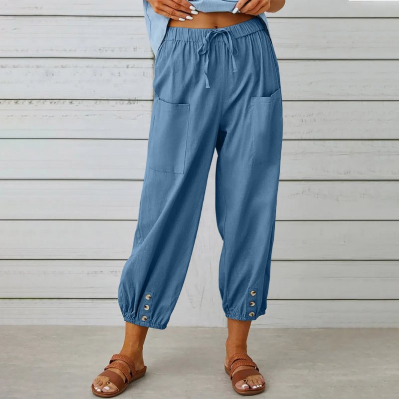 Levoire | Pantalon En Lin Pour Femmes Décontracté Taille Haute Denim bleu