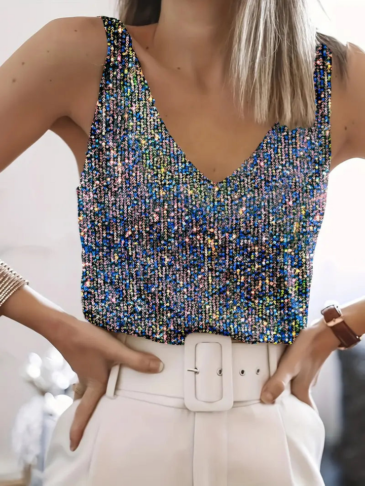 Levoire | Femmes Top à Paillettes Glitter Décolleté V Sans Manches Haut Pour Femmes Couleur