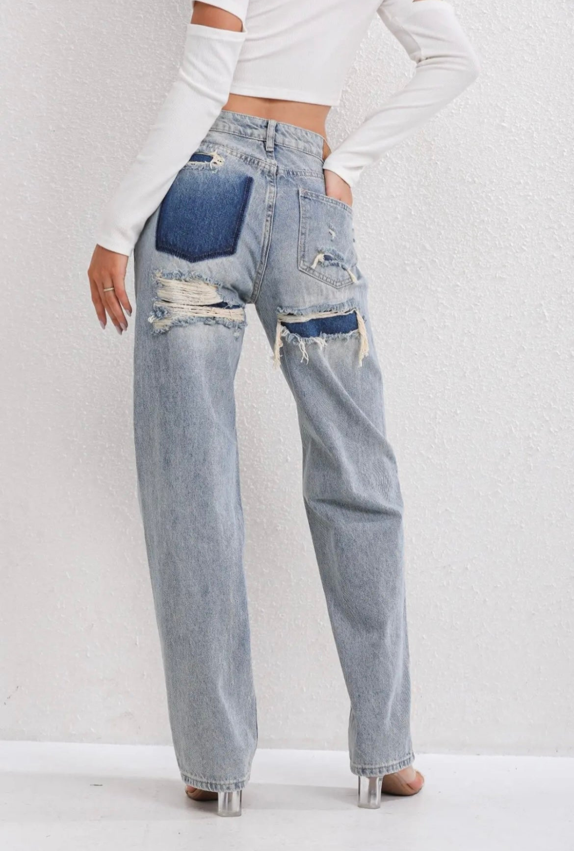 Levoire | Femmes Jean Déchiré Vintage Avec Détail Patchwork Unique Pour Femmes Bleu