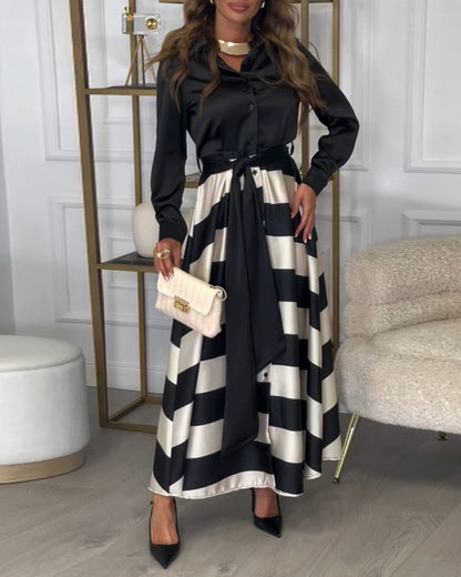 Levoire | Robe Élégante À Rayures Imprimées Avec Revers Et Ceinture Noir