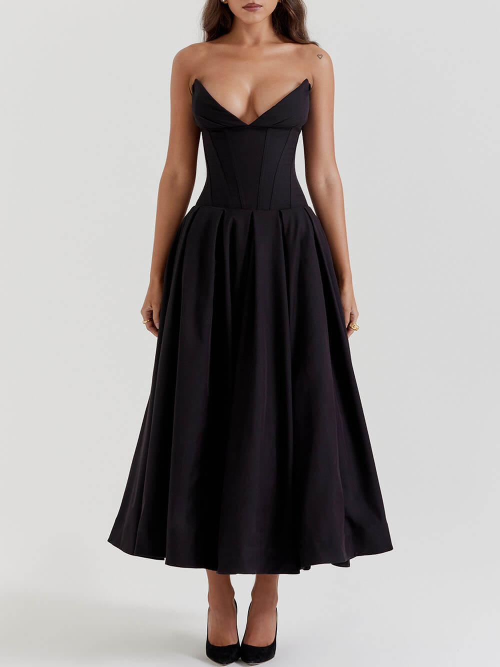 Levoire | Robe Midi Élégante Noire Sans Épaules