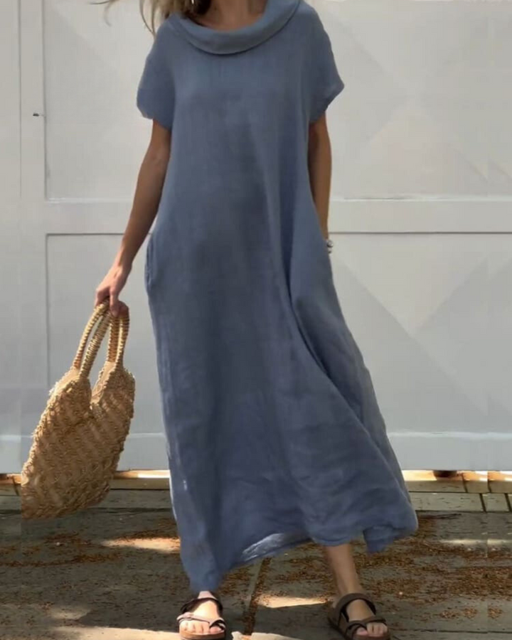 Levoire | Robe En Effet Lin Avec Col Élégant Bleu