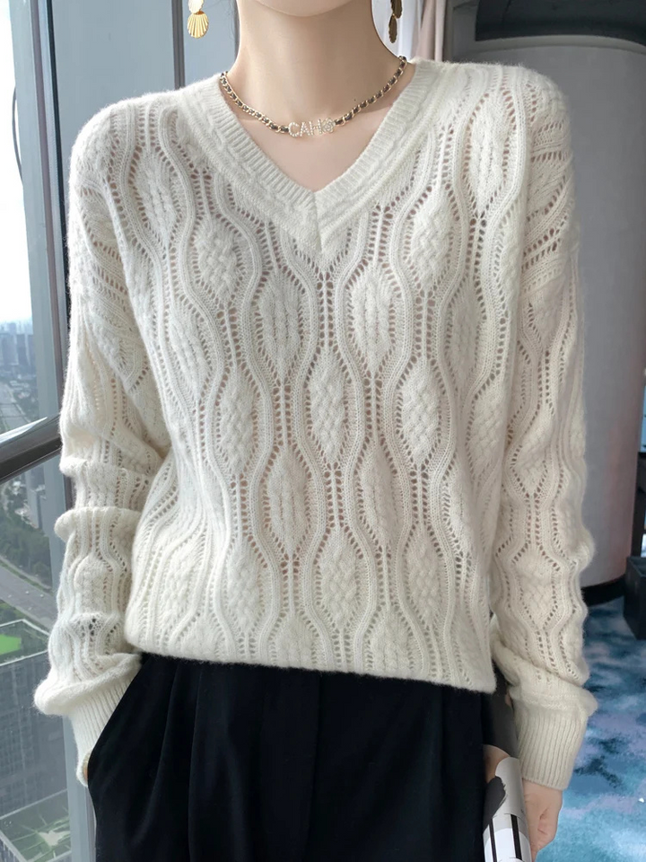 Levoire | Pull élégant en V en tricot à câble pour femmes Blanc