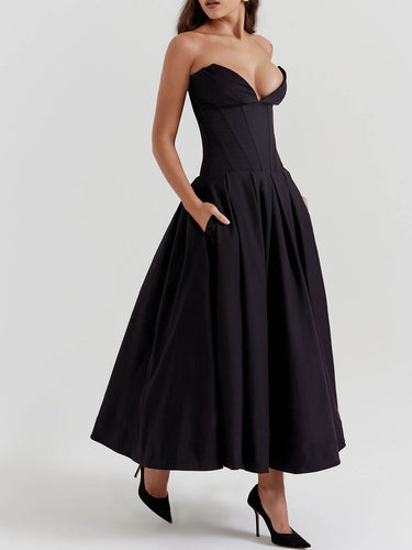 Levoire | Robe Midi Élégante Noire Sans Épaules