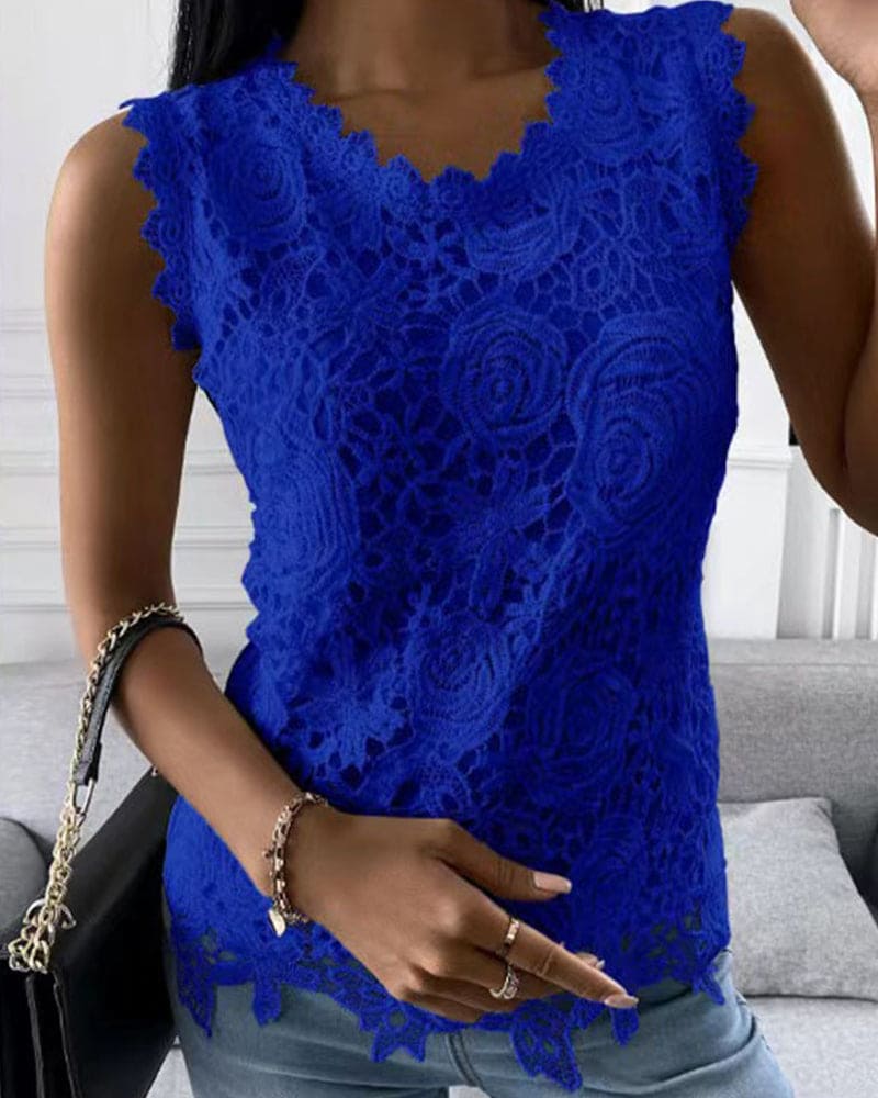 Levoire | Élégante Blouse Dans Une Couleur Unie Avec De La Dentelle Bleu