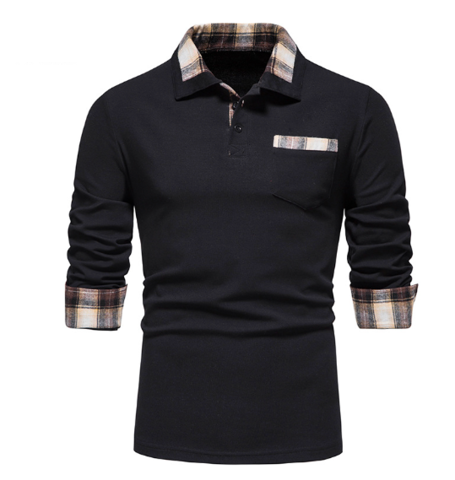 Levoire | Polo À Manches Longues Avec Col En Patchwork Pour Hommes Noir