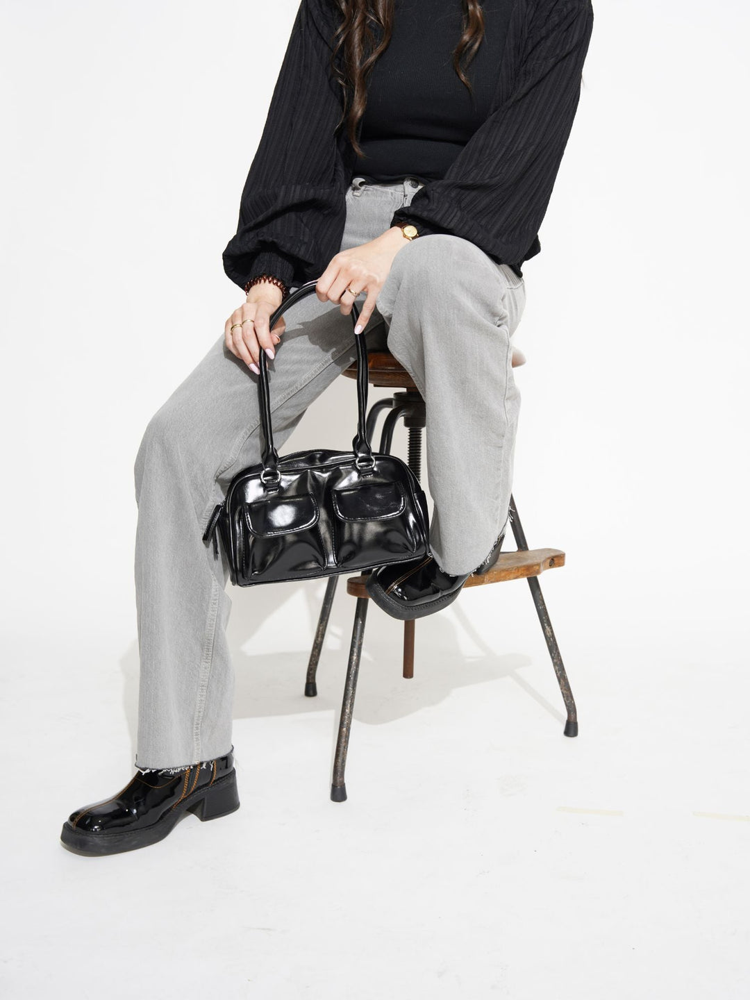 Levoire | Sac À Main En Cuir Brillant Avec Compartiments Latéraux