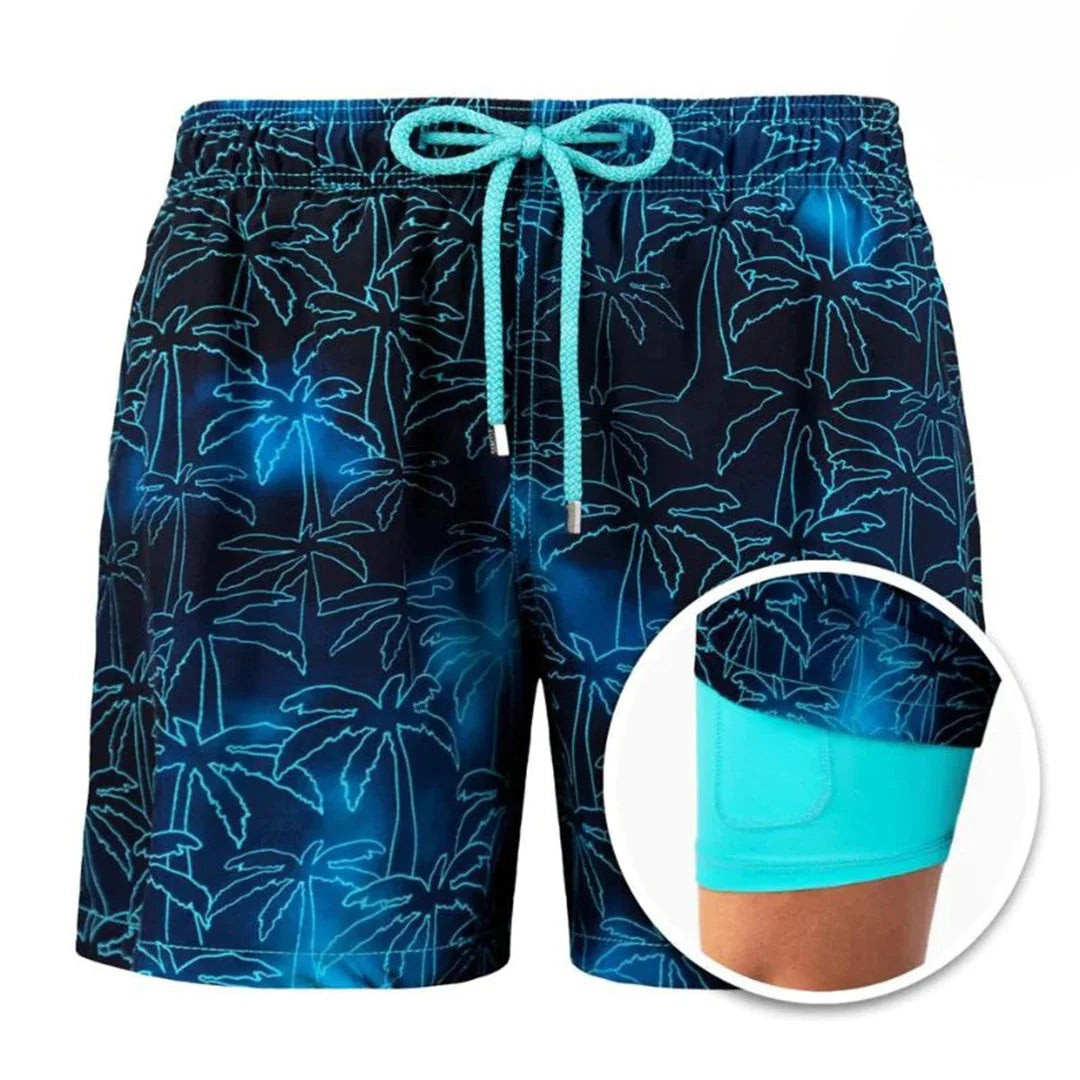 Levoire | Hommes Short de bain à 2 couches Vêtements de bain stylés pour hommes Palmier bleu