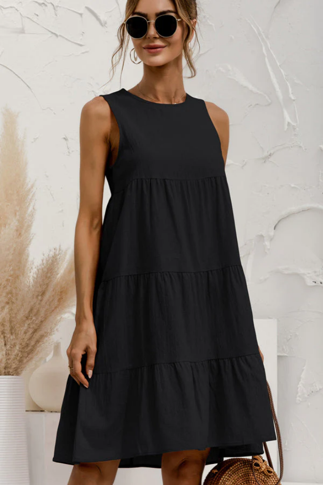 Levoire | Col Rond Unicolore Plissé Sans Manches Mini Robe Noir