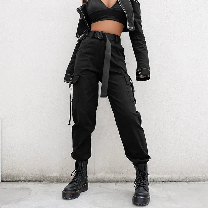 Levoire | Pantalon cargo pour femmes avec taille haute et ceinture élastique Noir
