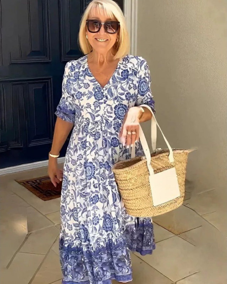 Levoire | Robe Maxi Boho Femme Avec Imprimé Floral Robe d'Été Femme Bleu