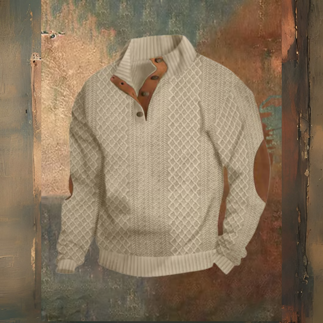 Levoire | Décontracté Jacquard Loose Demi Bouton Col Montant Pull Khaki