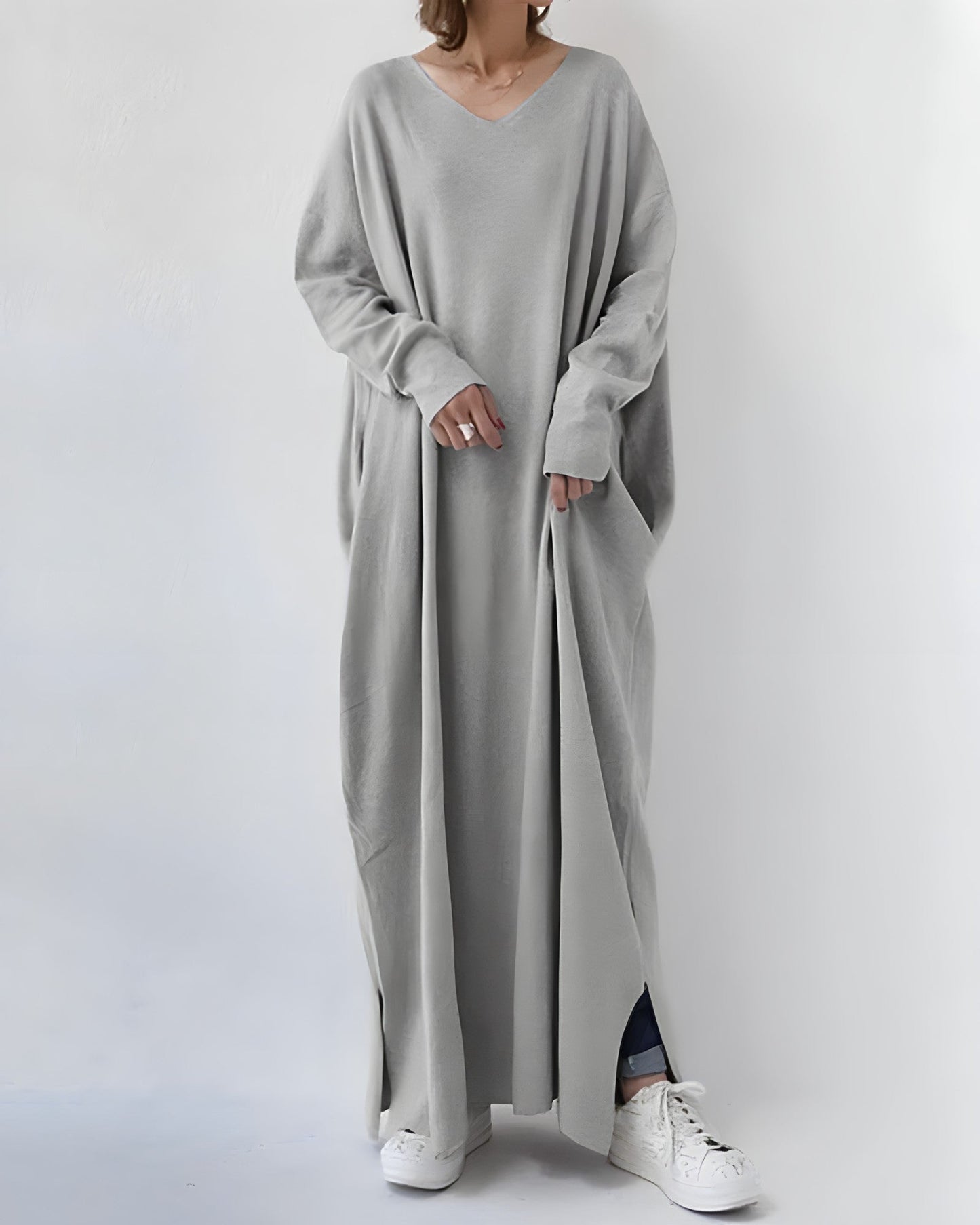 Levoire | Pull Long Confortable Avec Col V Gris