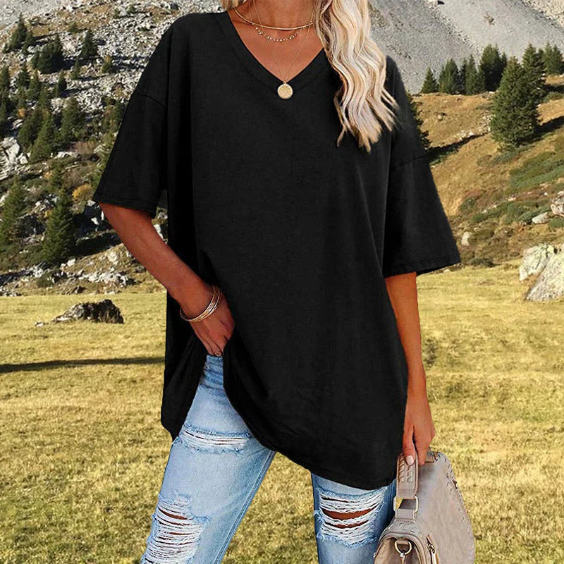 Levoire | T-Shirt Décontracté À Col En V Surdimensionné Pour Femmes Noir