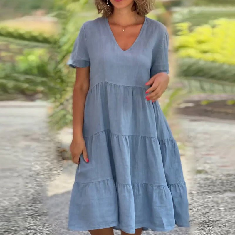 Levoire | Robe en lin unie à encolure en V pour femmes Robe d'été pour femmes Bleu