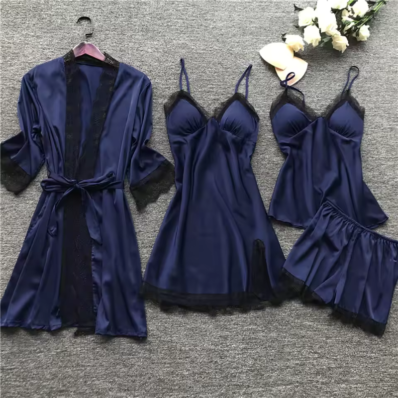 Levoire | Satin Pyjama pour femmes Ensemble 4 pièces Style élégant et raffiné Bleu foncé