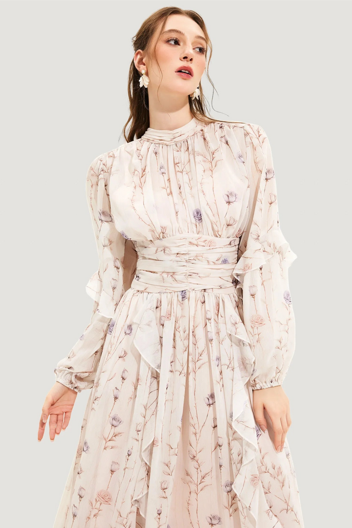 Levoire | Robe d'été à fleurs pour femmes avec jupe plissée Beige