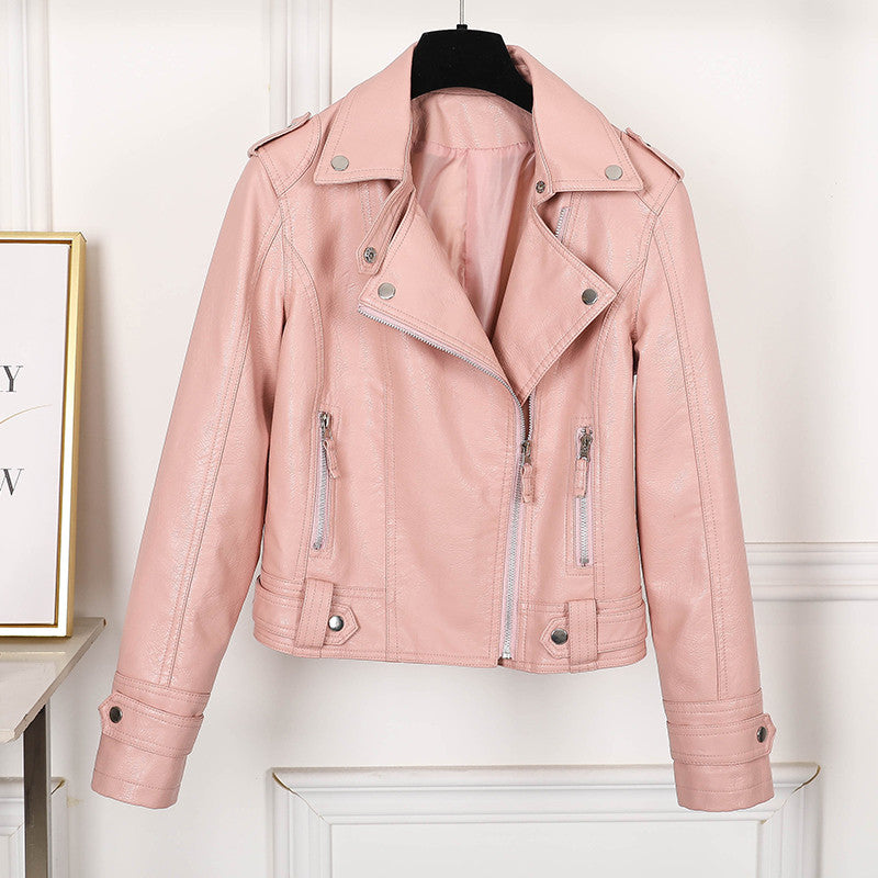 Levoire | Femme Slimfit Veste en Cuir Noire avec Revers et Fermeture Éclair pour Femmes Rosa