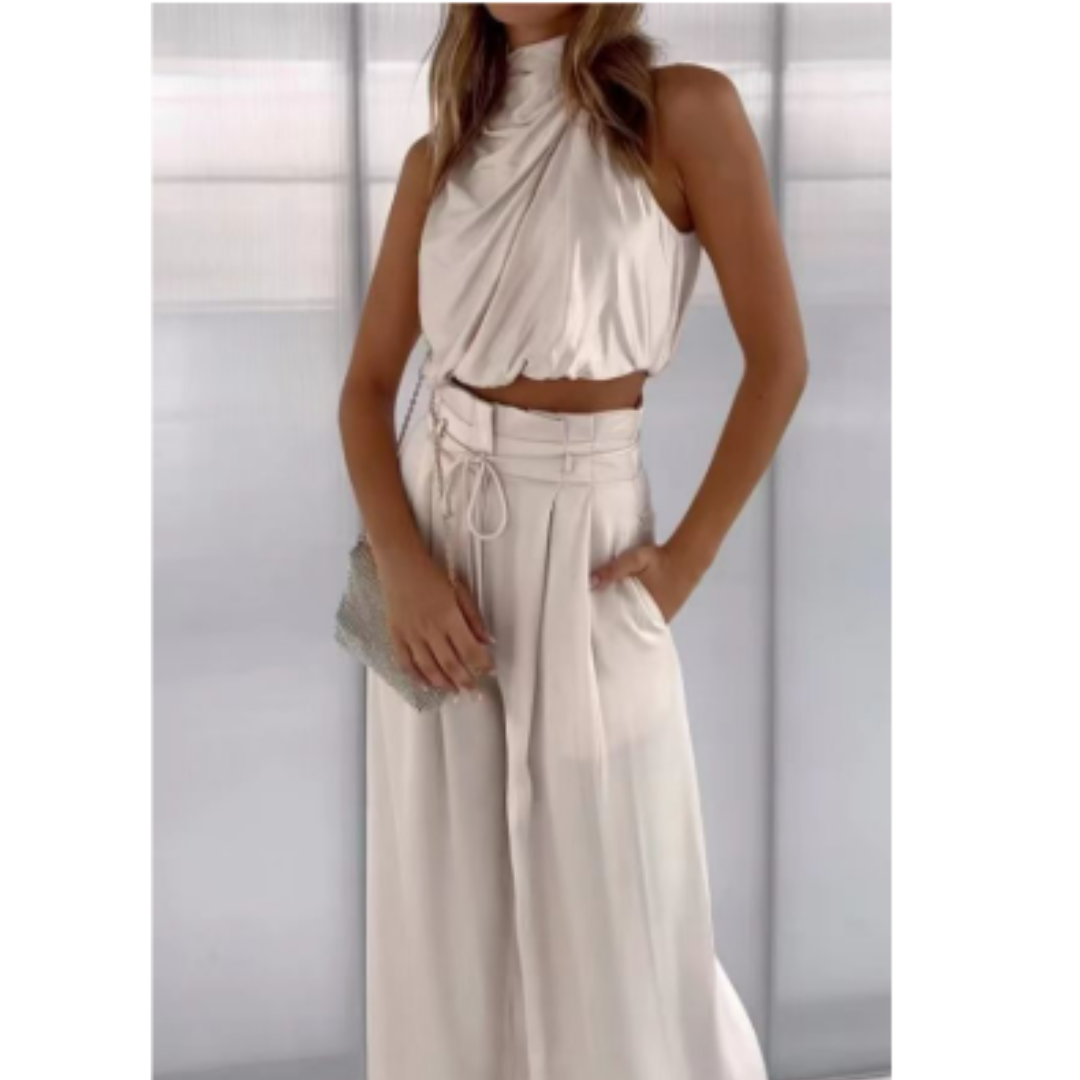 Levoire | Ensemble D'Été Pour Femmes Avec Top Avec Décolleté Tendance Et Pantalon Large Abricot