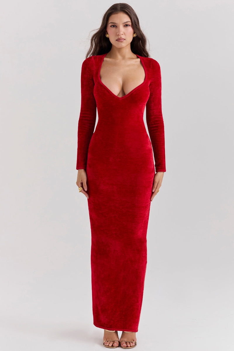 Levoire | Robe De Soirée Longue Avec Manches Longues Et Décolleté Plongeant Rot