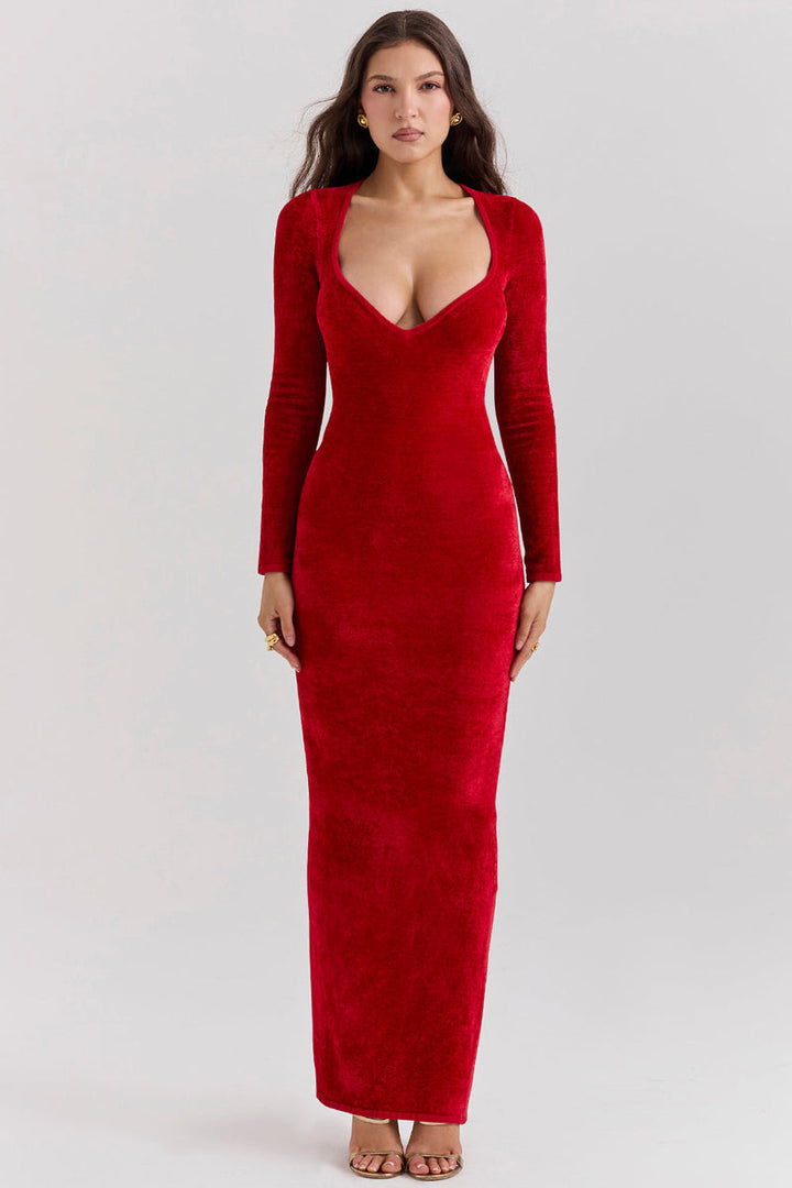 Levoire | Robe De Soirée Longue Avec Manches Longues Et Décolleté Plongeant Rot