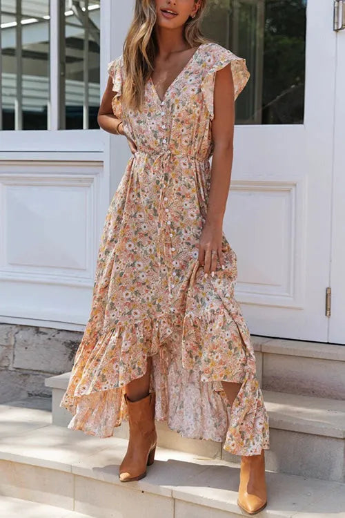 Levoire | Maxi-robe avec volants de boutons et cordon de serrage fleuri