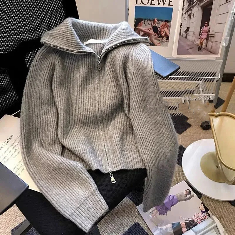 Levoire | Veste pour femme avec fermeture éclair col haut en tricot côtelé Gris