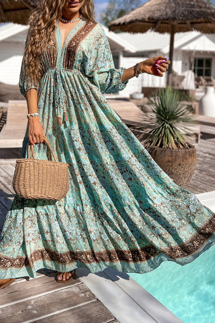Levoire | Robe En Style Boho Avec Motif Floral, Lacets Et Dos Ouvert Vert