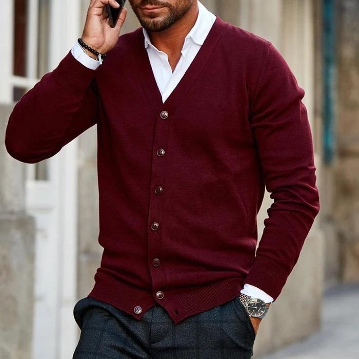 Levoire | V-Couverture Pull À Manches Longues En Tricot Avec Bouton Mörkerouge