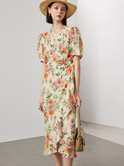 Robe Portefeuille en Soie Fleurie Fleurs Roses