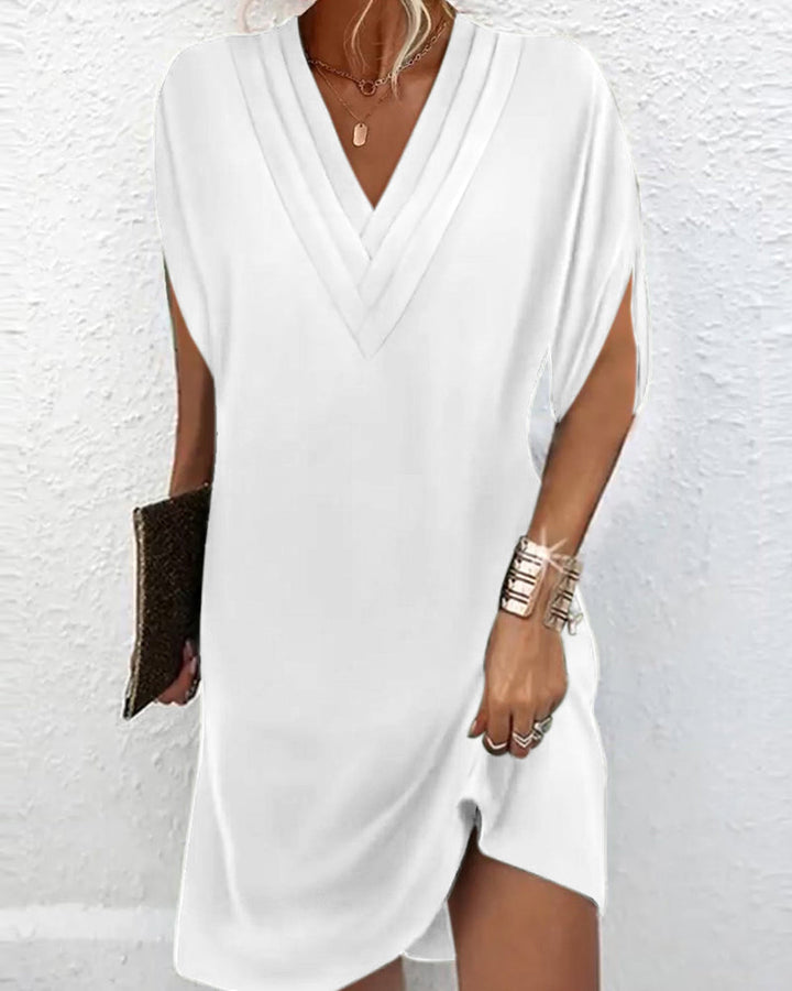 Levoire | Robe à Manches Courtes Et col En V Pour Femme - Midi Blanc