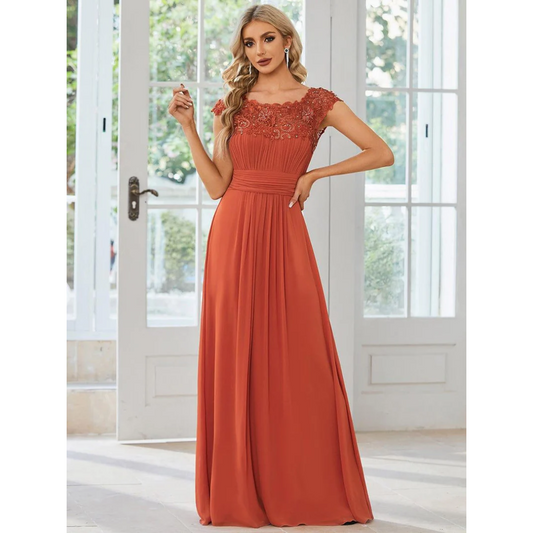 Levoire | Robe D'Invité De Mariage Élégante À Manches Courtes - Maxi Orange Brûlé