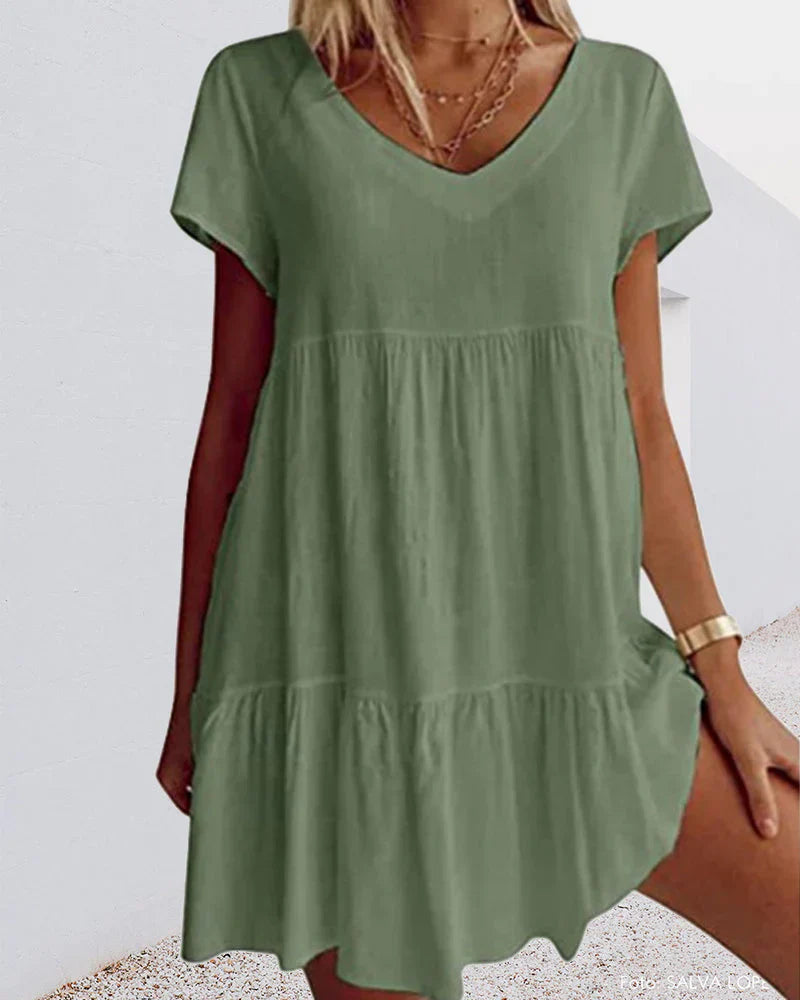 Levoire | Robe Décontractée En Mélange De Coton Avec Manches Courtes Et Détails En Volants Vert