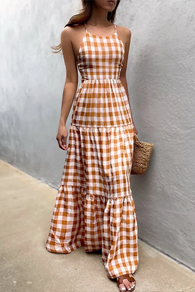 Levoire | Robe dos-nu décontractée avec french à carreaux pour les vacances Jaune