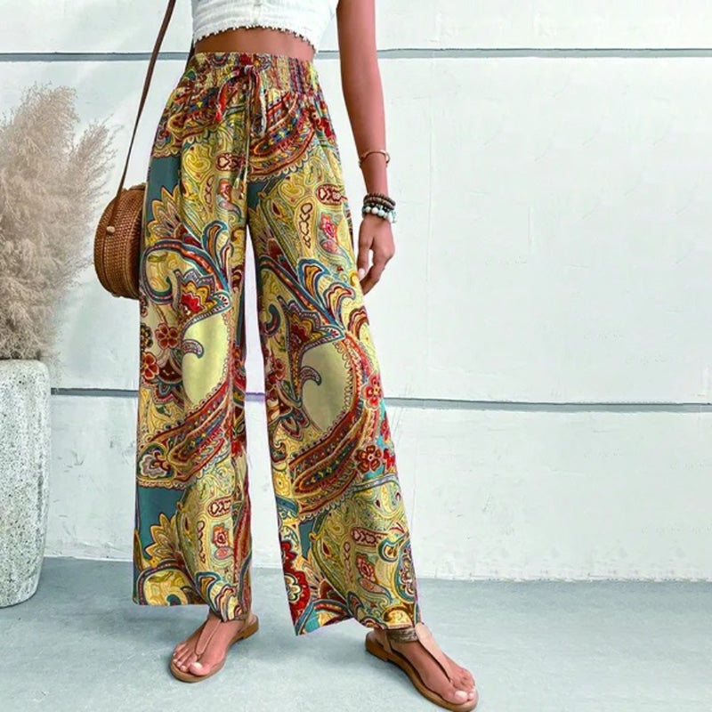 Levoire | Boho Pantalons D'Été Taille Haute Imprimées Doré