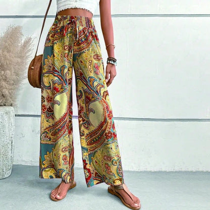 Levoire | Boho Pantalons D'Été Taille Haute Imprimées Doré