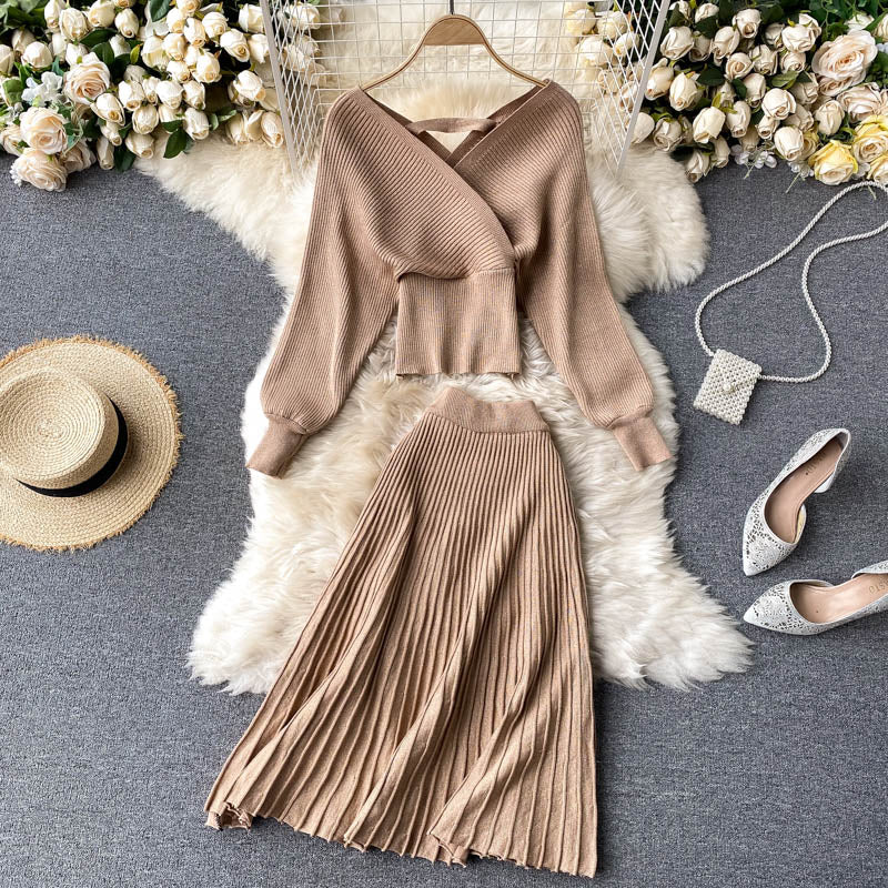 Levoire | Haut De Taille Courte & Jupe Plissée Taille Haute Élastique Une taille Khaki