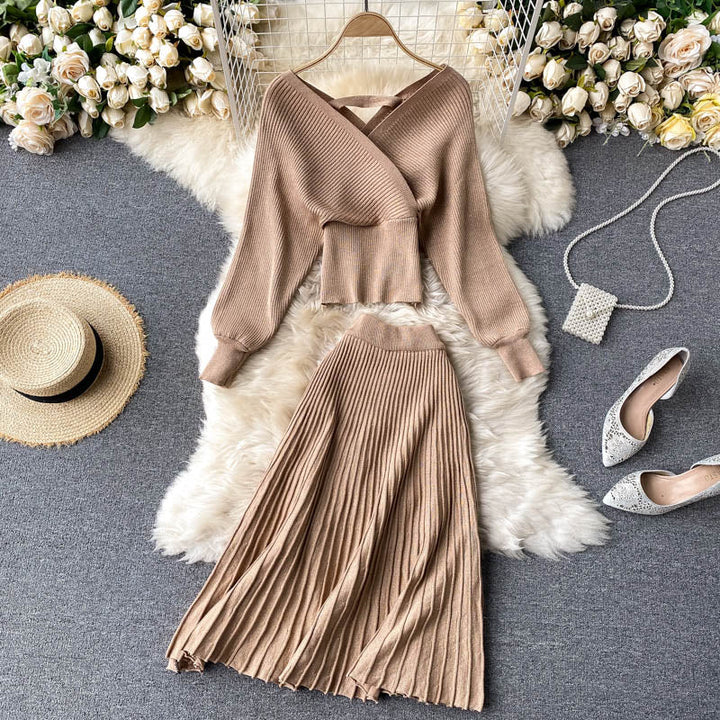 Levoire | Haut De Taille Courte & Jupe Plissée Taille Haute Élastique Une taille Khaki