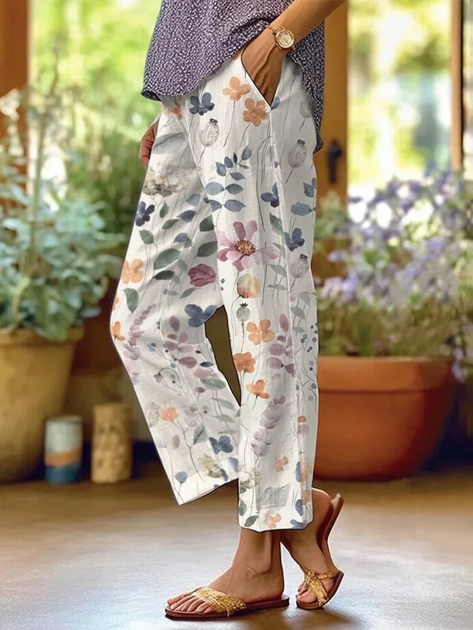 Levoire | Femme Pantalon Ample à Fleurs - Décontracté Blanc