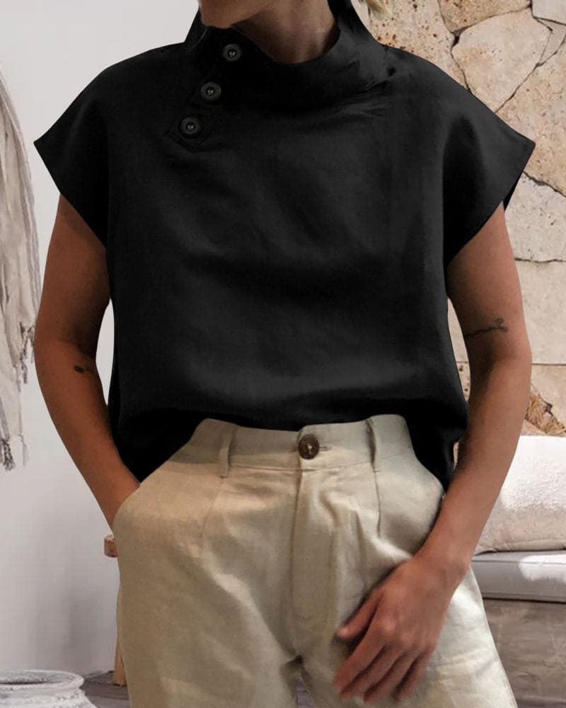 Levoire | Puuvillasta Ja Pellavasta, Jossa Pystykaulus Ja Nappilukitus Musta