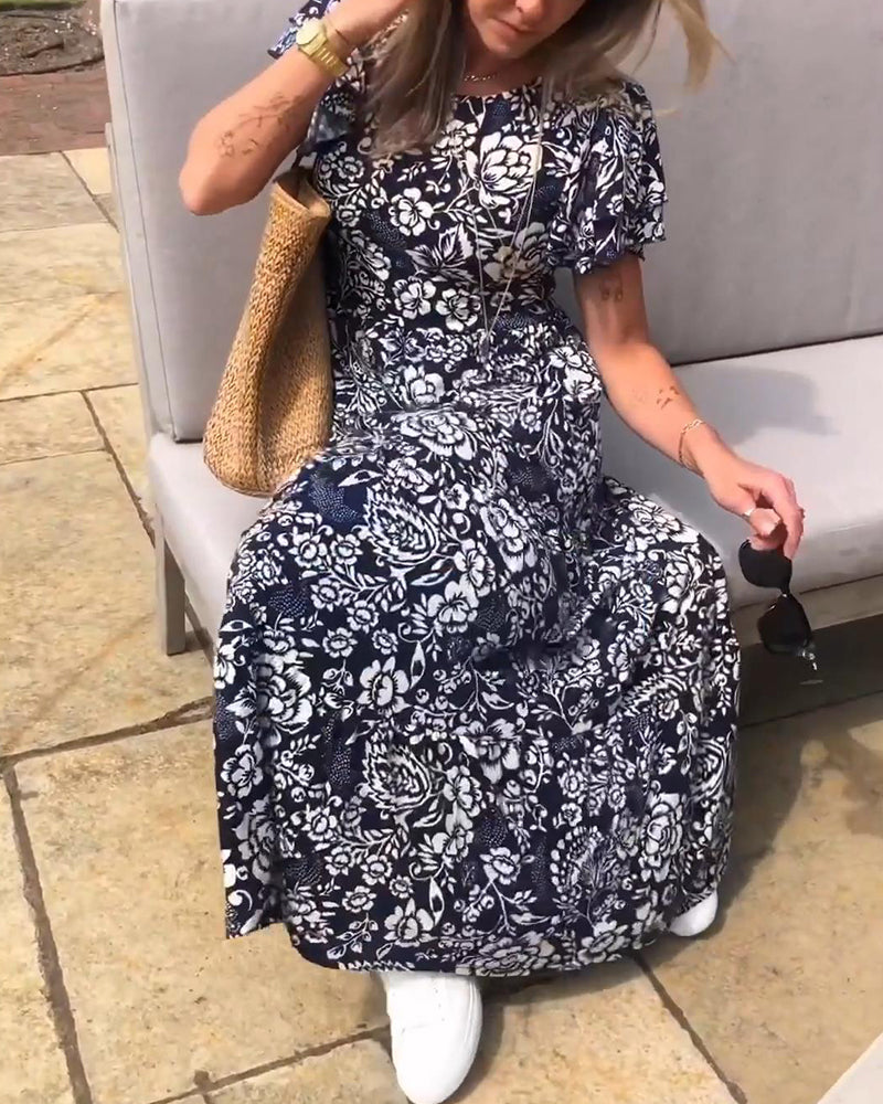 Levoire | Robe Longue Avec Motif Floral Et Manches Courtes Marine bleu